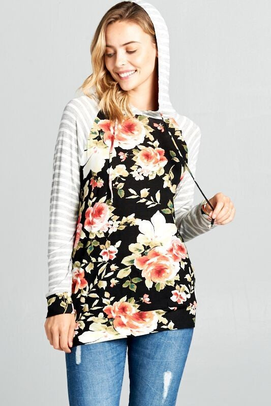 Gorgeous Floral And Stripes Hoodie Top