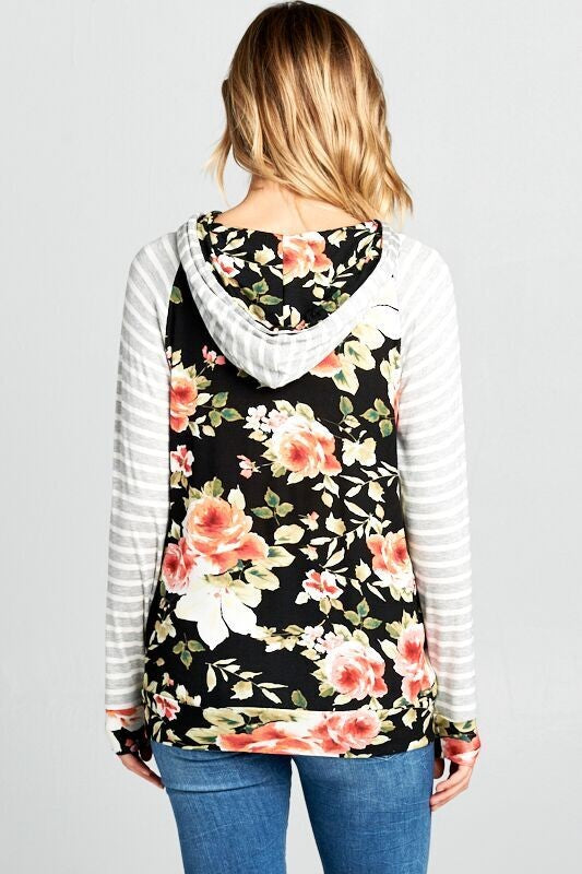 Gorgeous Floral And Stripes Hoodie Top